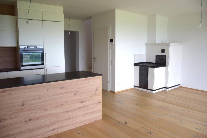 Moderne Küche mit Holzboden, weißen Schränken und traditionellem Kachelofen.