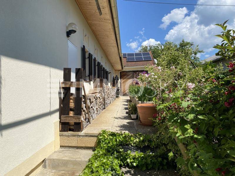 Seitenansicht des Hauses mit schmalem Weg, gestapeltem Brennholz und Solarpaneelen auf dem Dach.