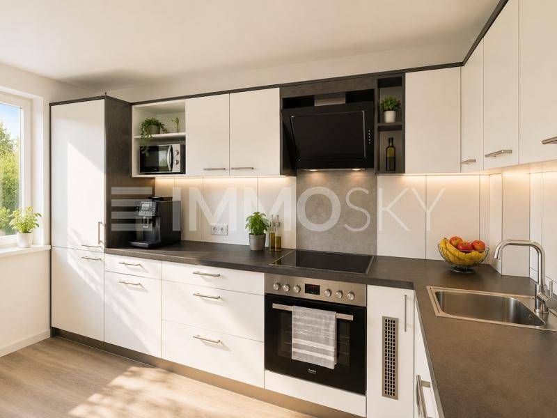 Moderne Küche mit weißen und grauen Schränken, Induktionskochfeld und integrierten Geräten.