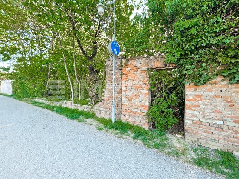 Alte Backsteinmauer, teilweise mit Efeu bewachsen, entlang eines gepflasterten Weges mit Bäumen.