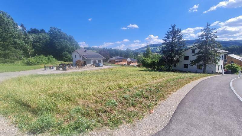 Panoramablick über ein grünes Grundstück mit angrenzender Straße und Häusern in ländlicher Umgebung.