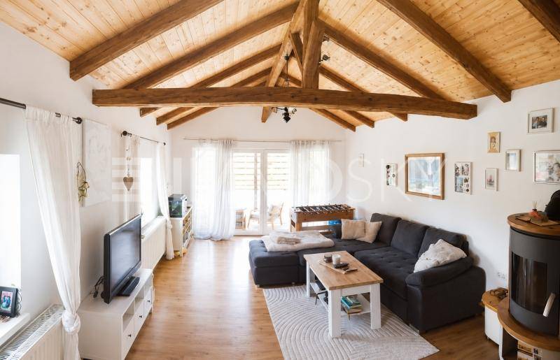 Gemütliches Wohnzimmer mit hoher Holzdecke, sichtbaren Balken, Kaminofen und Zugang zur Terrasse.