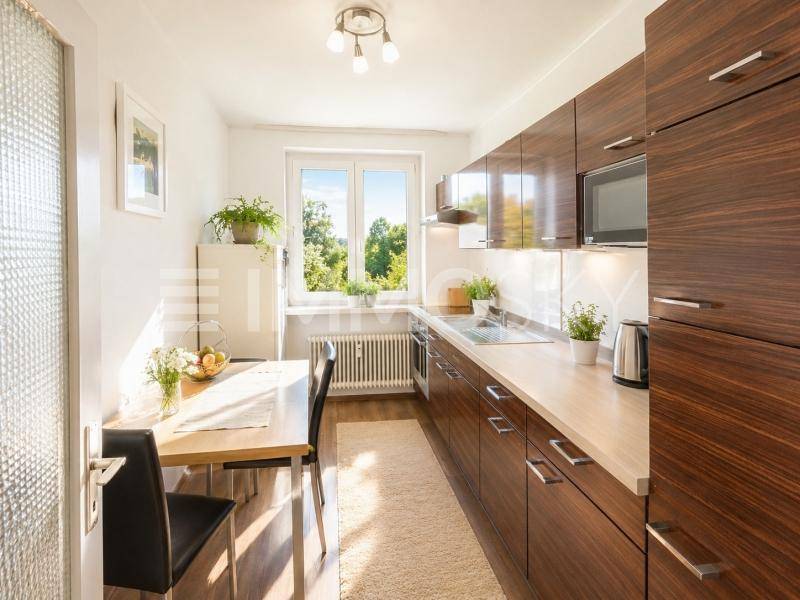 Funktionale Küche mit dunklen Holzschränken, Essbereich und Blick ins Grüne.