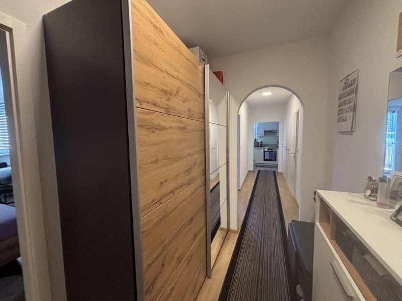 Heller Flur mit großem Einbauschrank und Durchgang zu weiteren Räumen.