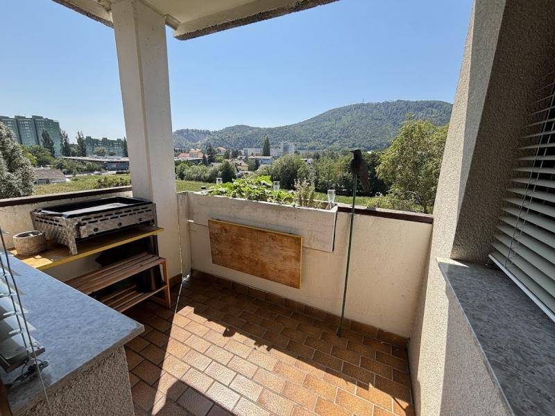 Balkon mit Grillbereich, Pflanzen und weitem Blick auf die grüne Umgebung und Hügel.