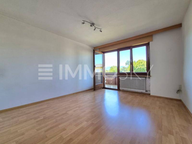 Leerer Raum mit Parkettboden und Zugang zu einem Balkon, ideal für individuelle Gestaltungsmöglichkeiten.