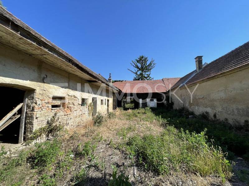 Weitläufiger Blick auf alte landwirtschaftliche Gebäude mit Ziegelmauerwerk und viel Grün unter klarem Himmel.