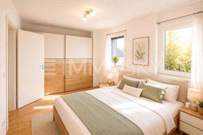Helles Schlafzimmer mit Doppelbett, Einbauschrank und viel Tageslicht.