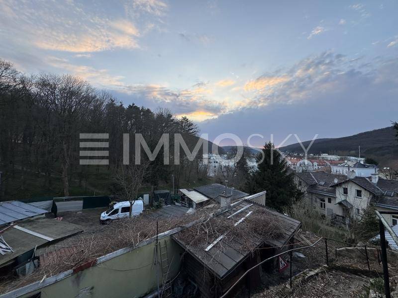 Panoramablick auf ein Grundstück mit alten Schuppen, umgeben von Natur und einer Siedlung in der Ferne.