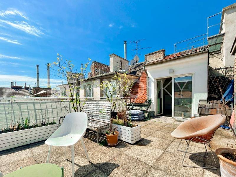 Helle Dachterrasse mit Zugang zum Innenbereich, ausgestattet mit Sitzmöbeln und Pflanzen.