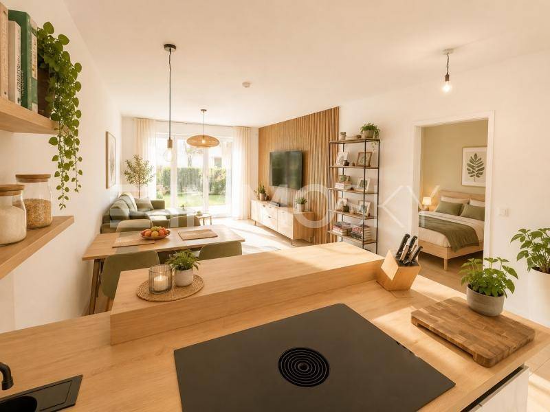 Moderne Küche mit Holztheke und offenem Übergang zum Wohnbereich mit Blick in den Garten.