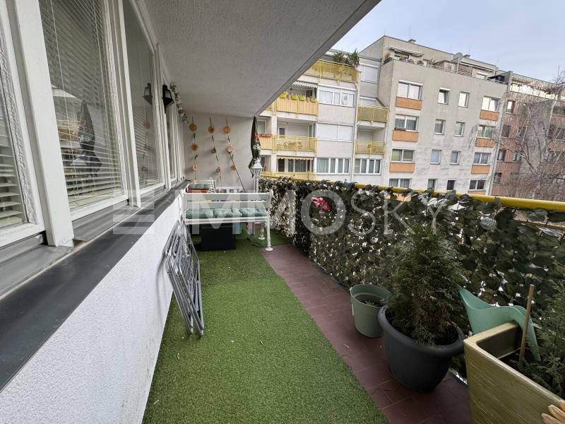 Schmaler Balkon mit Kunstrasen, Topfpflanzen und Blick auf umliegende Wohngebäude.