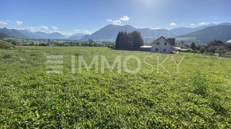 Weitläufige grüne Landschaft mit Bergblick und einem Haus im Hintergrund unter blauem Himmel.