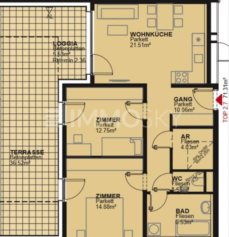 Grundriss der Wohnung mit Wohnküche, zwei Zimmern, Bad, WC, Loggia und Terrasse.