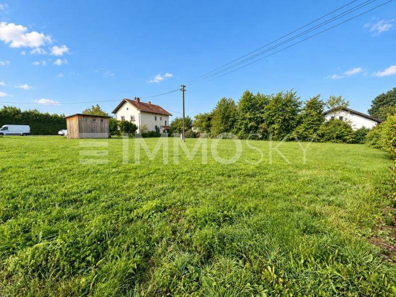 Großes, offenes Wiesengrundstück mit einem kleinen Holzschuppen und Häusern im Hintergrund.