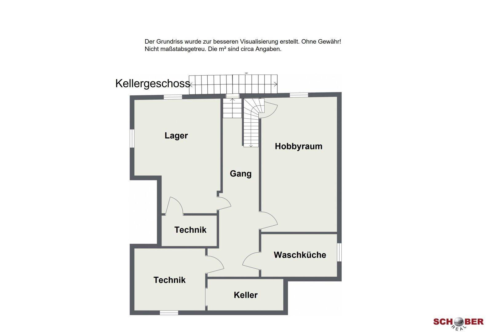 Grundriss des Kellergeschosses mit Hobbyraum, Waschküche und Technikräumen.