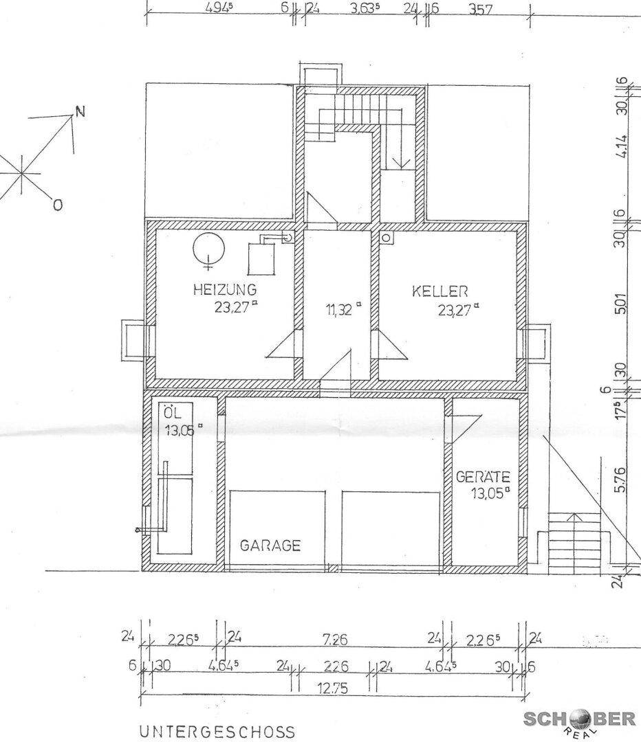 Grundriss des Untergeschosses mit Heizraum, Keller, Garage und Geräteraum.