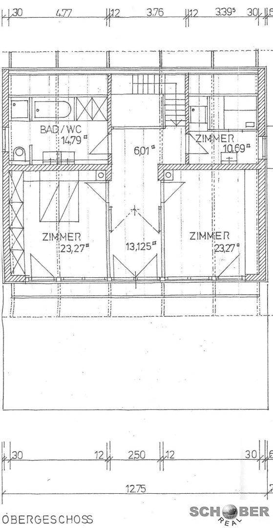 Grundriss des Obergeschosses mit Schlafzimmern, Bad und WC.