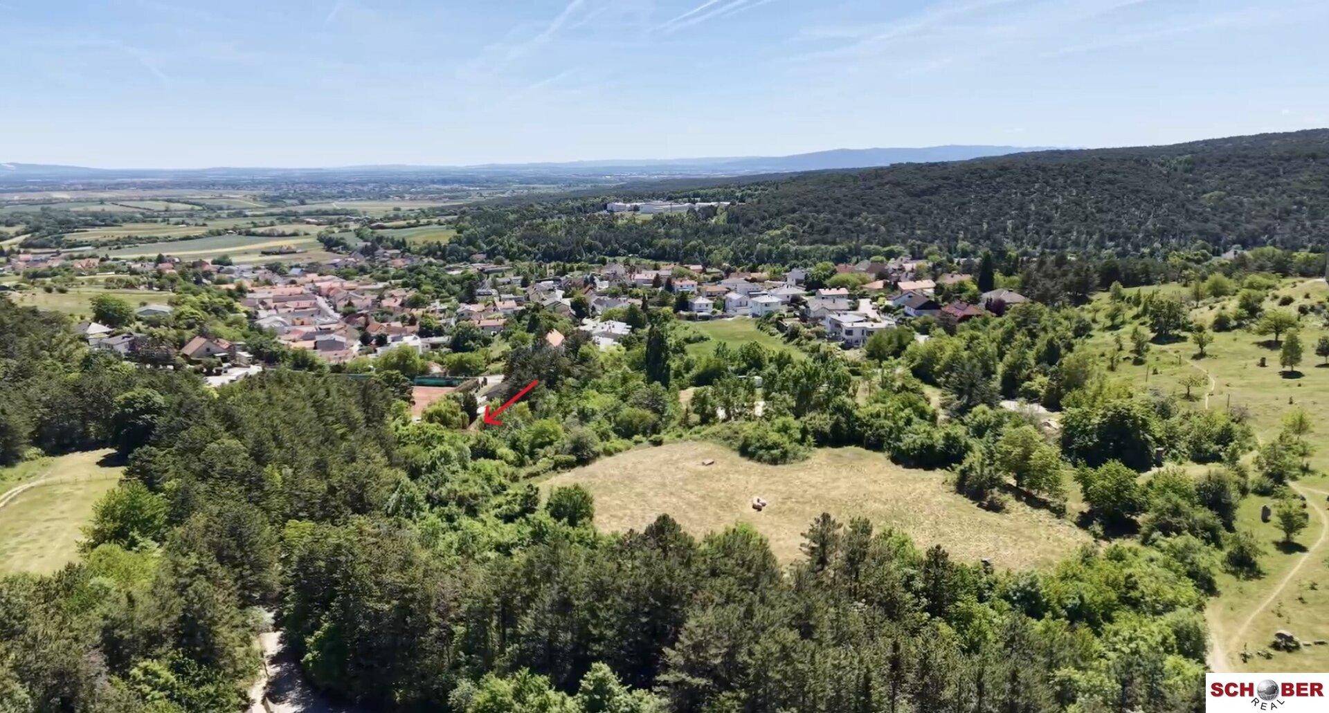 Weitläufige Luftaufnahme der grünen Landschaft mit einem Dorf in der Ferne.