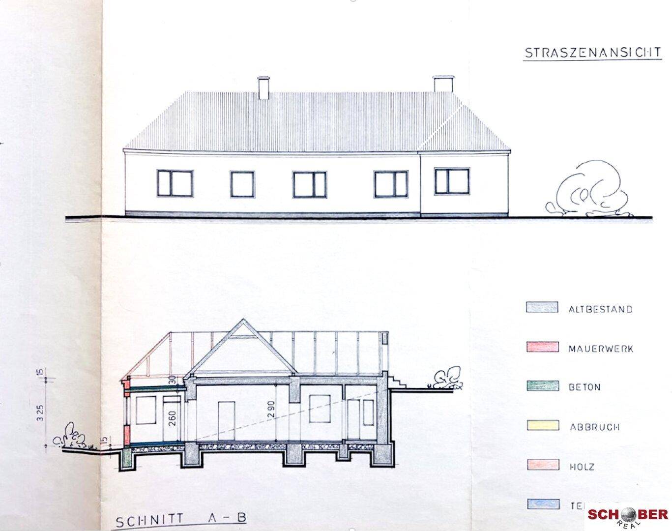Architektonische Zeichnungen der Gebäudeansicht und des Schnitts mit Materiallegende.