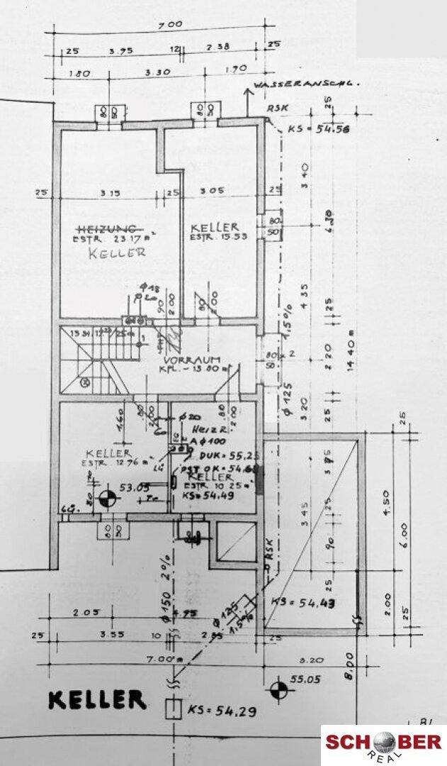 Grundriss des Kellers mit Heizungsraum, Vorraum und weiteren Kellerräumen.