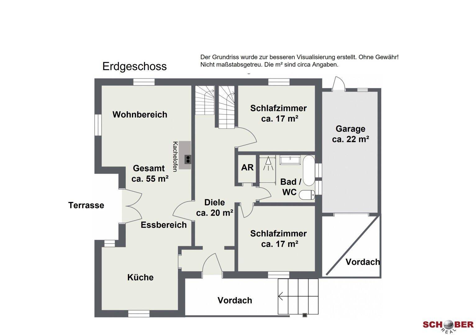 Grundriss des Erdgeschosses mit offenem Wohnbereich, zwei Schlafzimmern, Bad und Garage.