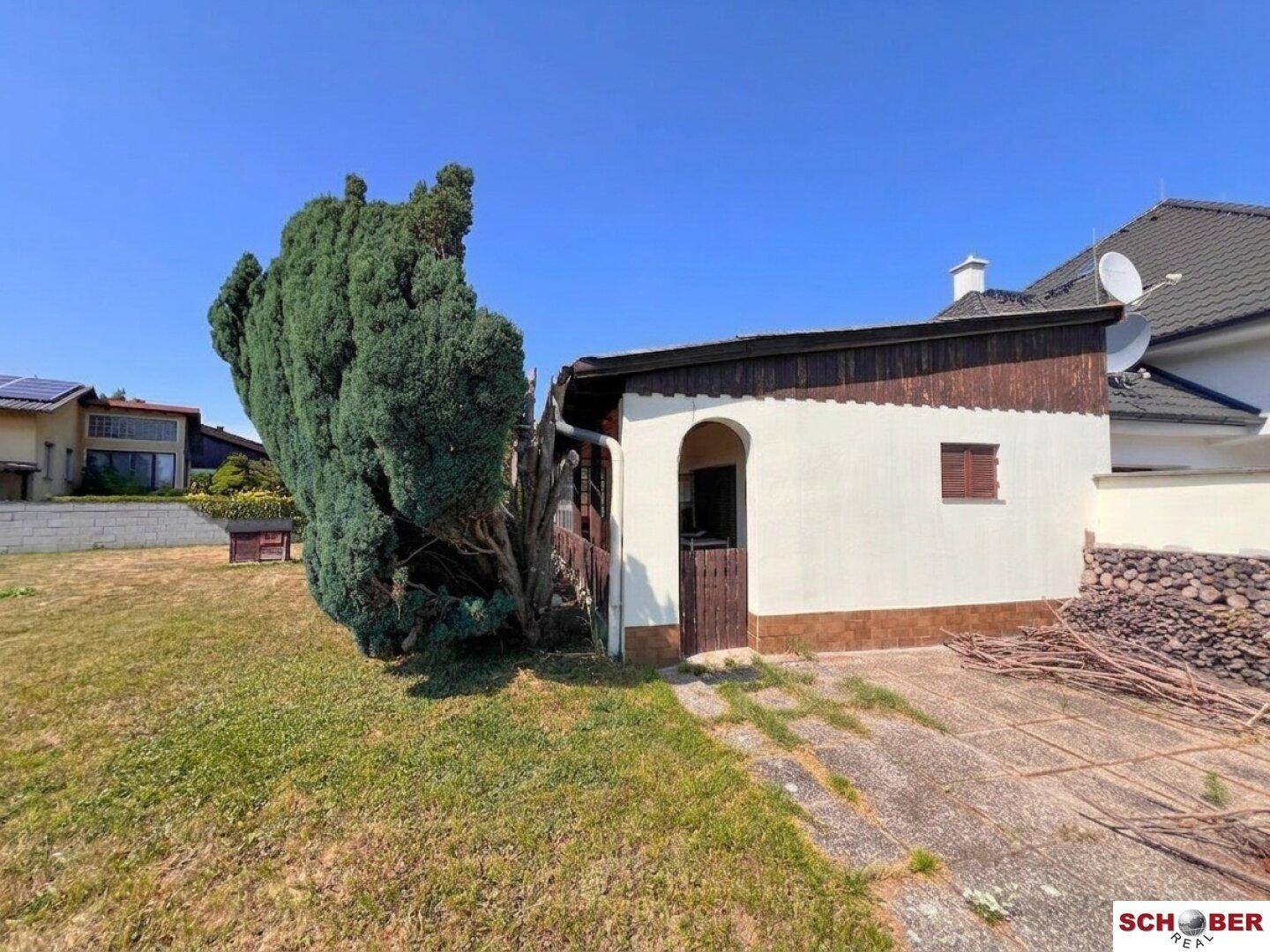 Kleines Nebengebäude im Garten mit Holztür und Fenster, umgeben von Rasen und einem großen Baum.