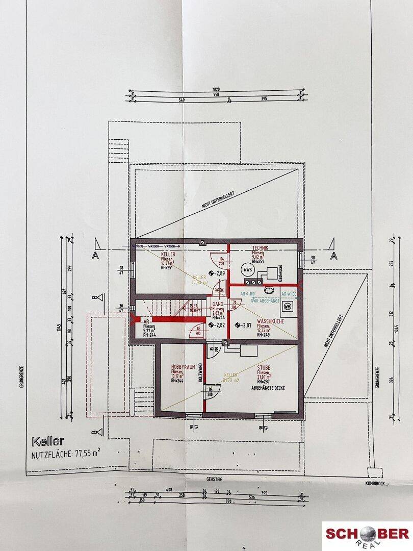 Grundriss des Kellers mit Hobbyraum, Waschküche und Technikbereich für das Gebäude.