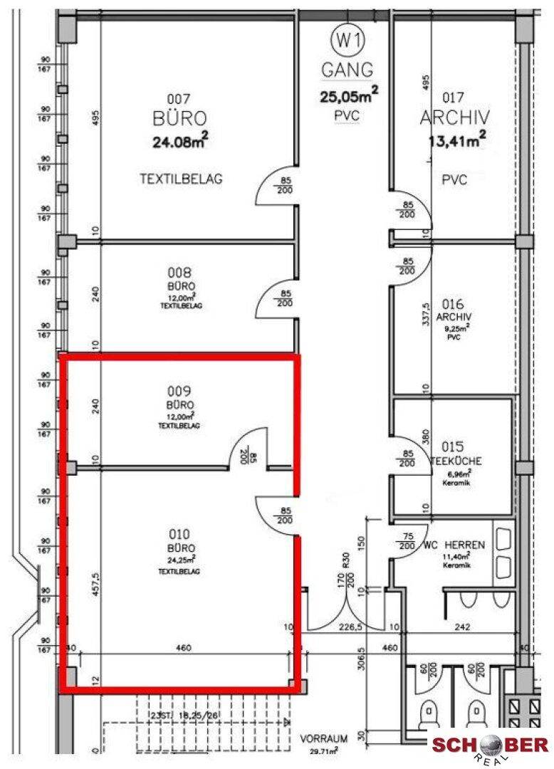 Grundrissplan des Erdgeschosses mit Büros, Archiv, Teeküche und Sanitäranlagen.