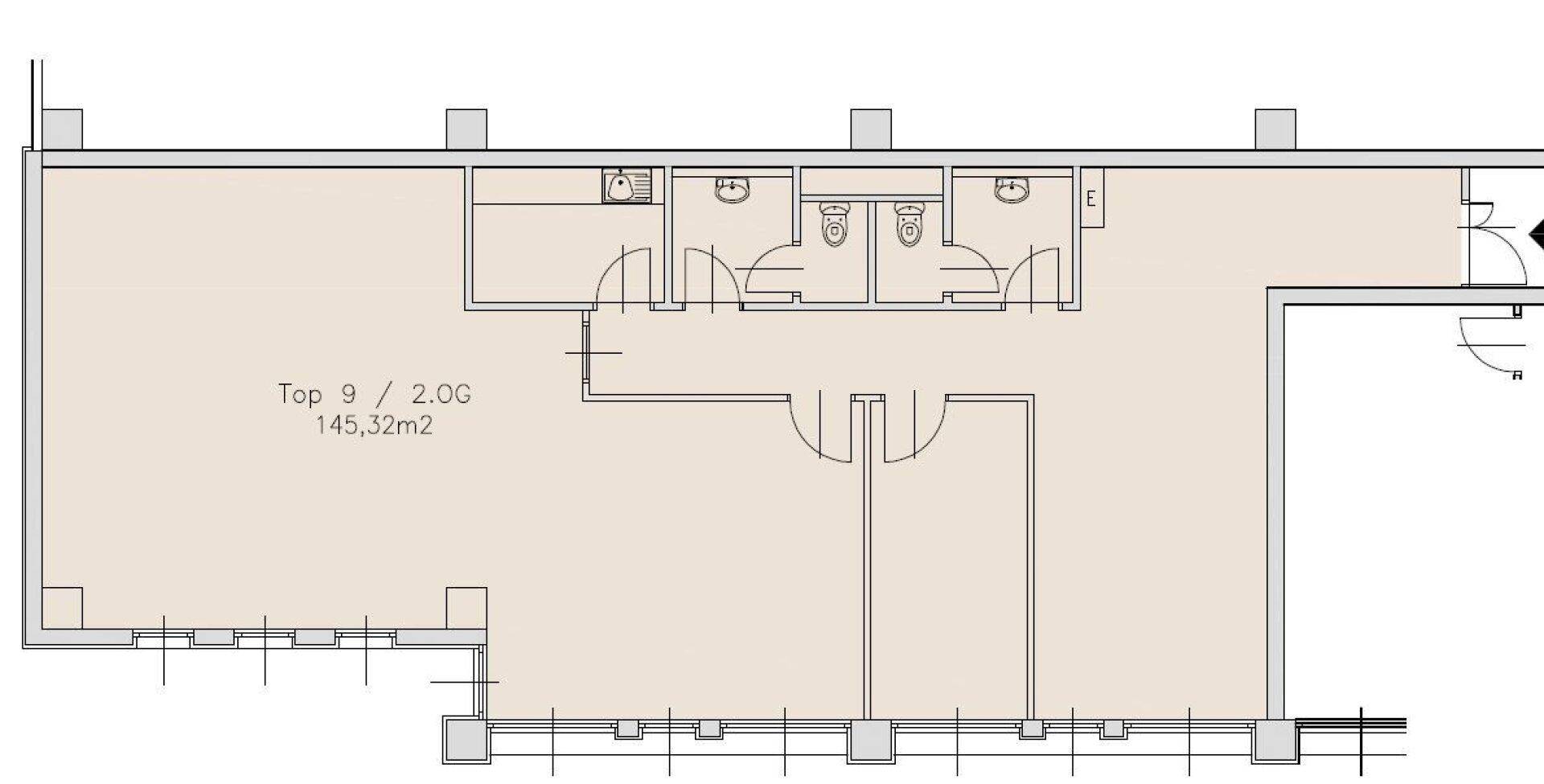 Grundriss einer Bürofläche von 145,32 m² im zweiten Obergeschoss mit zwei separaten Toiletten.