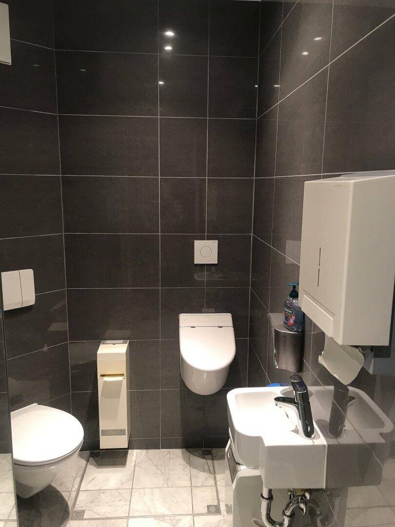 Modernes WC mit dunklen Fliesen, wandhängender Toilette und kleinem Waschbecken.