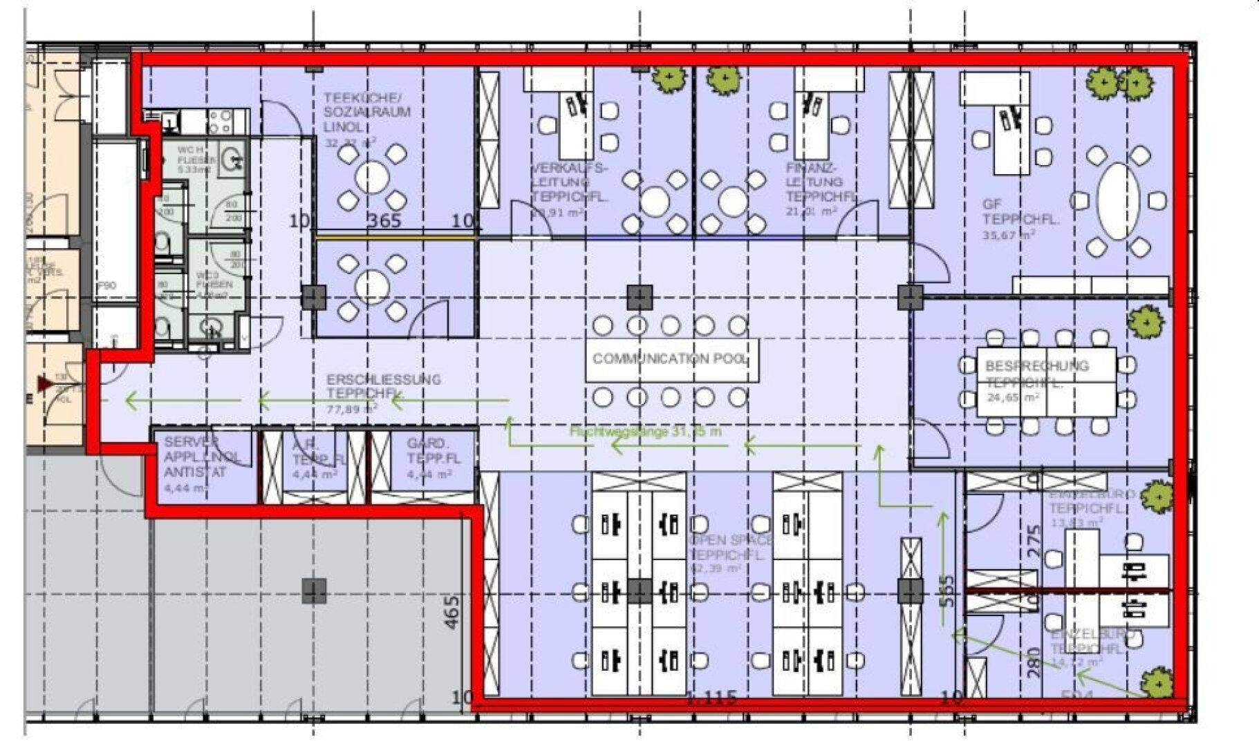 Detaillierter Grundriss eines Bürogeschosses mit verschiedenen Arbeitsbereichen, Teeküche und Besprechungsräumen.