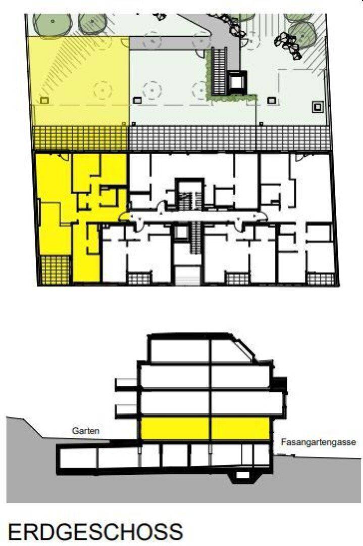 Grundriss des Erdgeschosses mit Gartenbereich und der Aufteilung einer Wohneinheit.