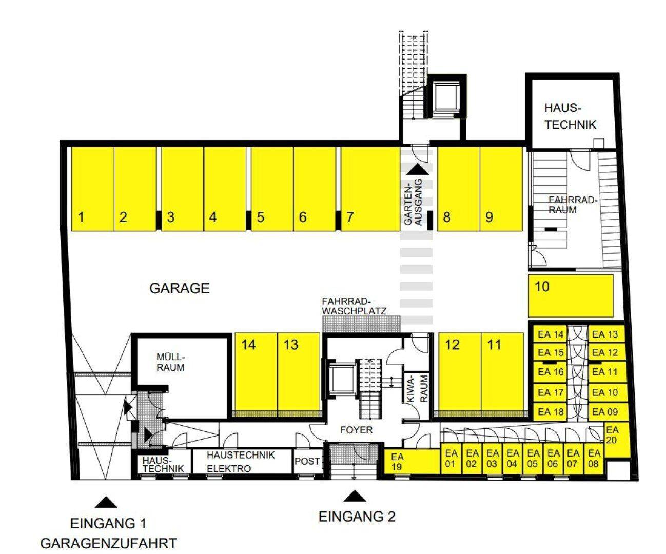 Grundriss der Tiefgarage mit zahlreichen Stellplätzen, Fahrradraum und Technikbereichen.