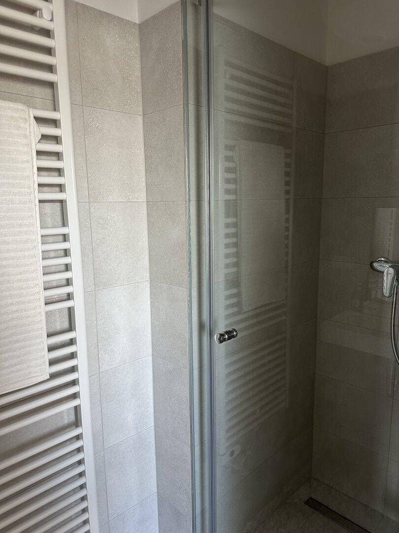 Duschbereich im modernen Badezimmer mit grauen Fliesen und Glasduschwand.