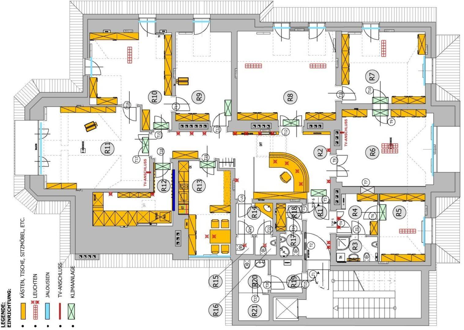 Grundriss mit Möblierungsvorschlägen, Elektroinstallationen und Klimaanlagenpositionen sowie Jalousien.
