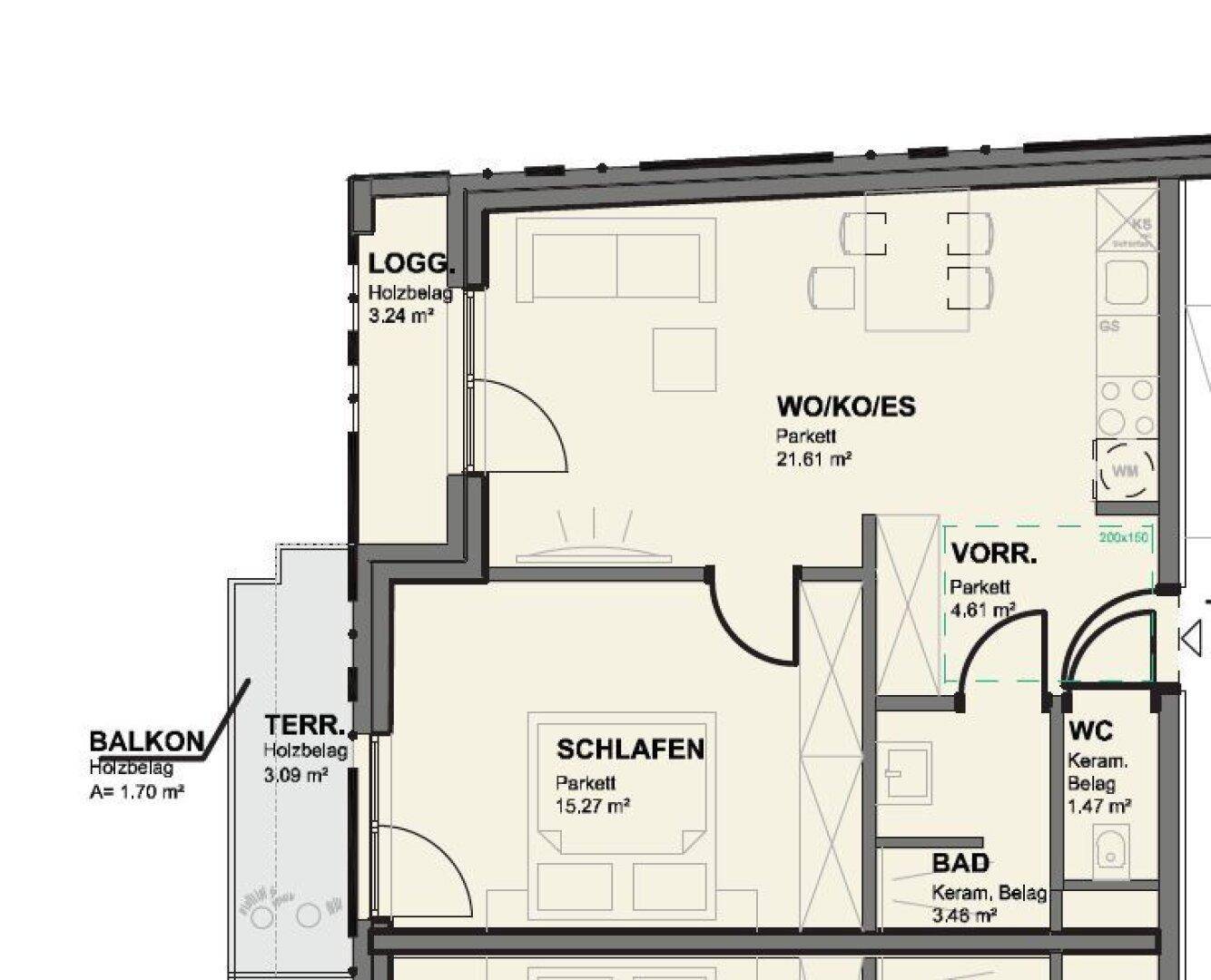 Detaillierter Grundriss einer Wohnung mit offenem Wohnbereich, Schlafzimmer, Bad und mehreren Außenbereichen.