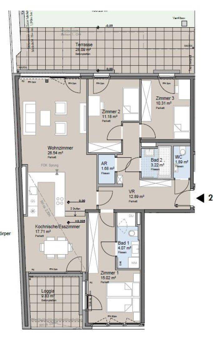 Grundriss einer Wohnung mit Wohnzimmer, Koch-/Esszimmer, drei Zimmern, zwei Bädern, WC, Loggia und Terrasse.