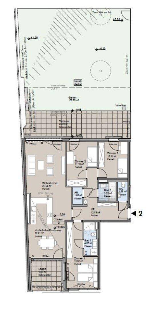 Grundriss einer Wohnung mit Wohnzimmer, Koch-/Esszimmer, drei Zimmern, zwei Bädern, WC, Loggia, Terrasse und Garten.