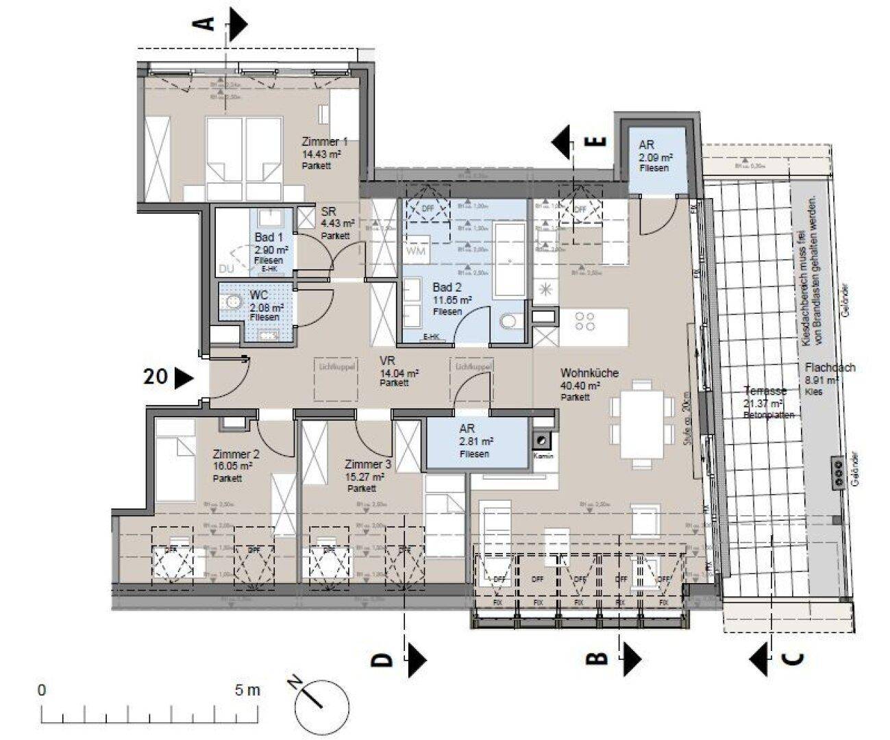 Detaillierter Grundriss einer Wohnung mit drei Schlafzimmern, zwei Bädern und offener Wohnküche.