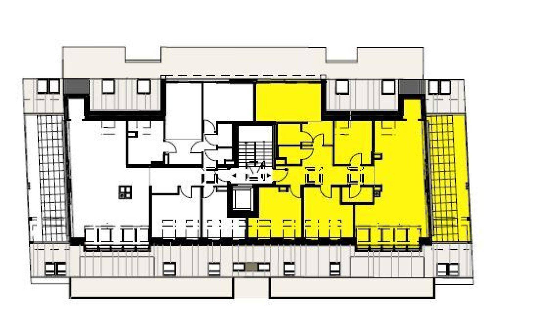 Grundriss einer Etage mit hervorgehobener Fläche, die den Wohnbereich oder eine Einheit zeigt.