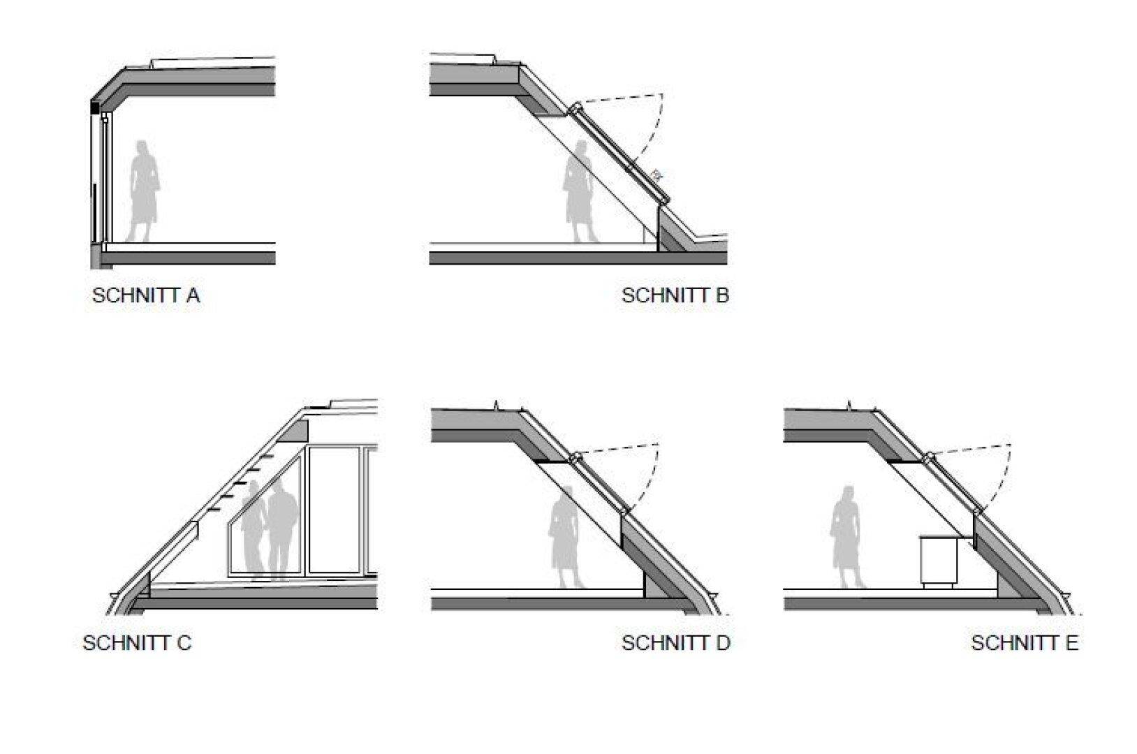 Detaillierte Schnittzeichnungen, die verschiedene Dach- und Fensterkonstruktionen veranschaulichen.