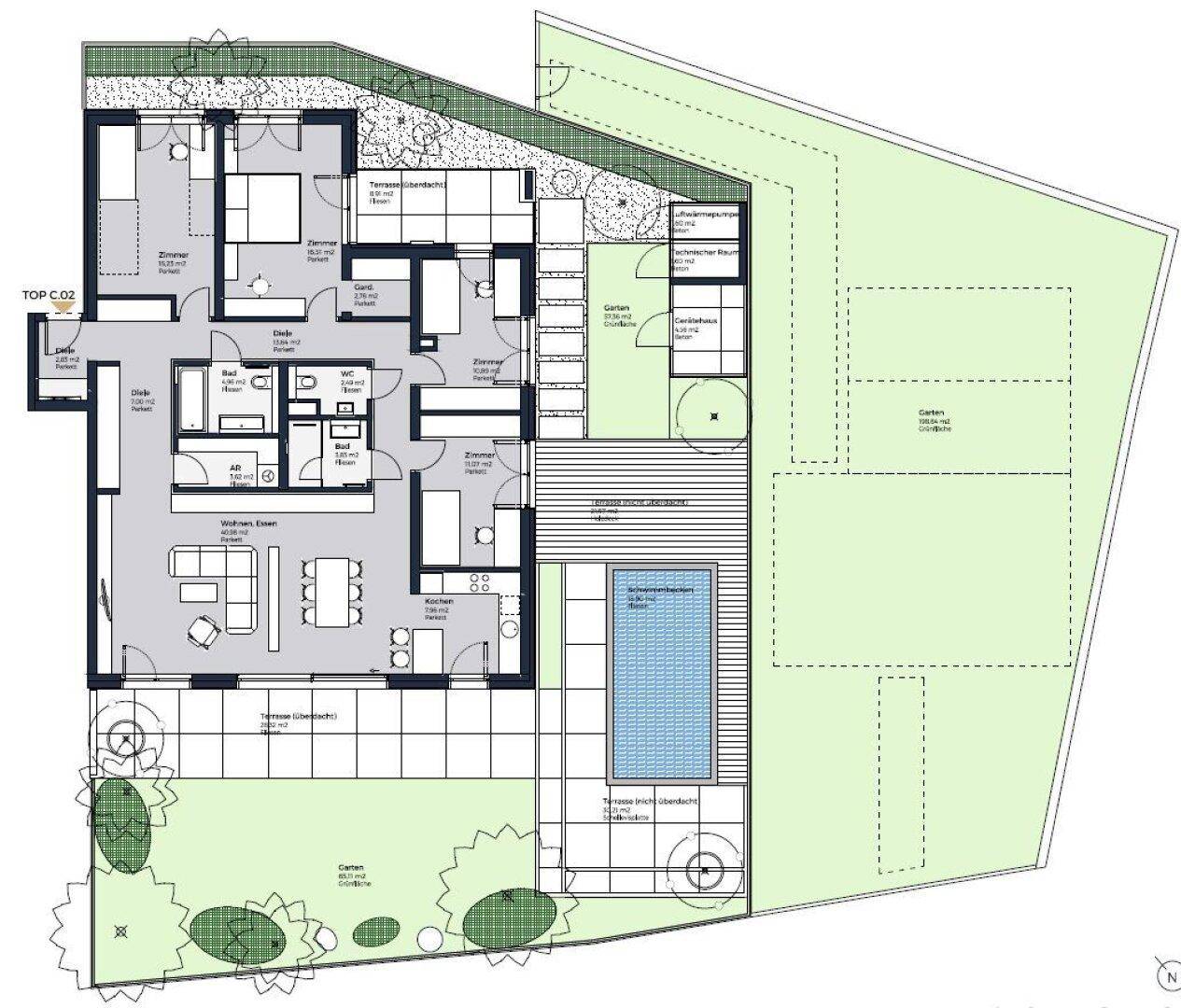 Detaillierter Grundriss einer Wohnung mit mehreren Zimmern, Terrasse und privatem Pool.