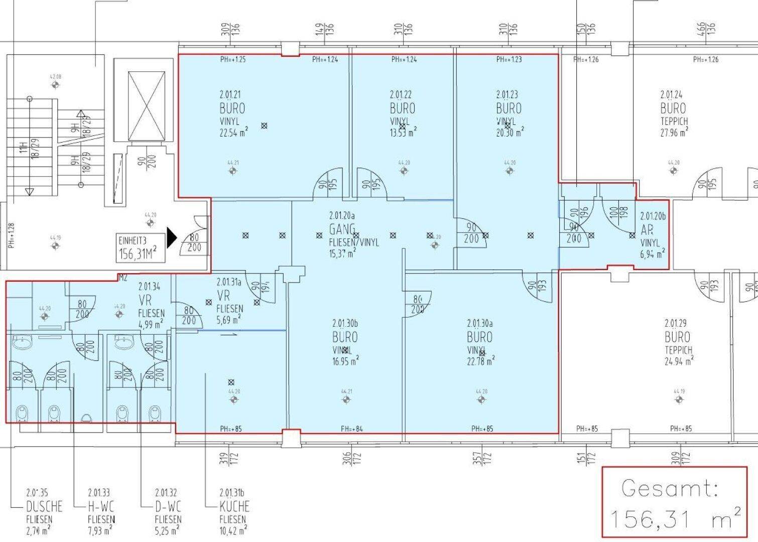 Detaillierter Grundriss mit mehreren Büroeinheiten, einem Flur und einer Küche, blau hervorgehoben.