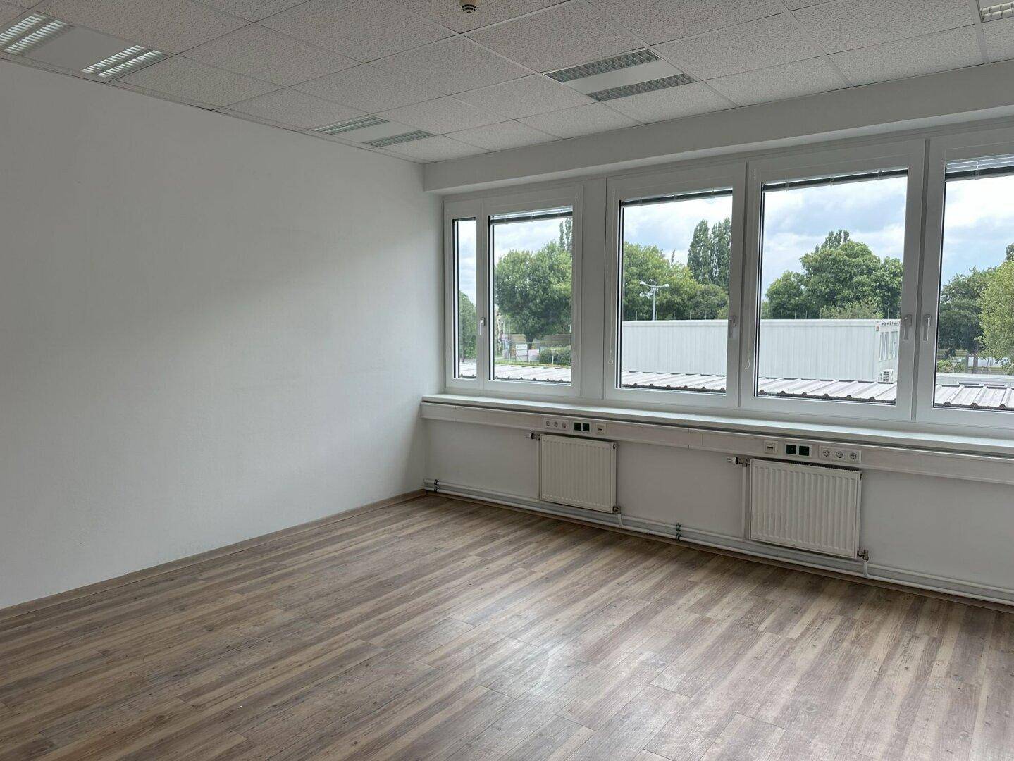 Geräumiges, leeres Büro mit großen Fenstern, die viel Tageslicht hereinlassen und Blick ins Grüne bieten.