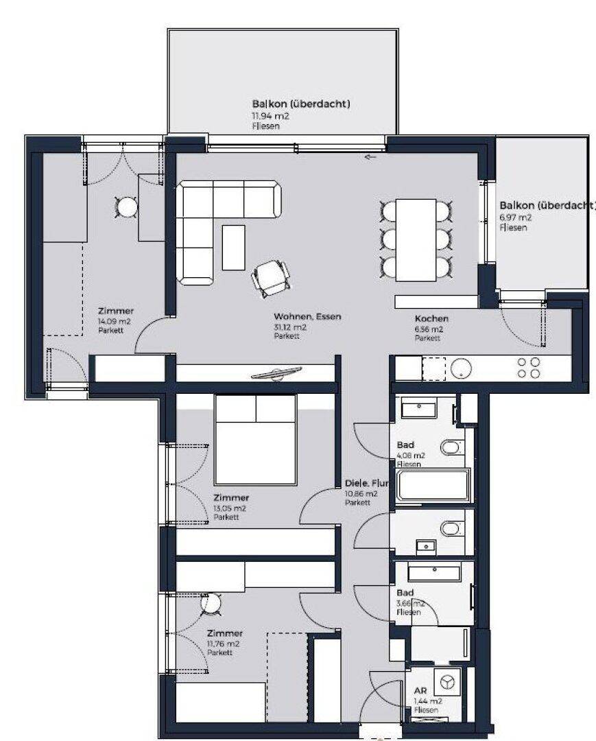Grundriss einer Wohnung mit offenem Wohn-Essbereich, drei Zimmern und zwei Bädern sowie zwei Balkonen.