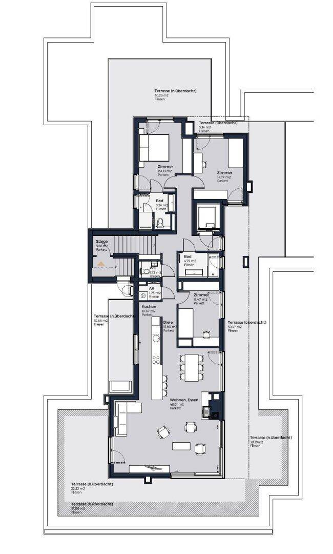 Detaillierter Grundriss mit offenem Wohn-Essbereich, mehreren Schlafzimmern und großzügigen überdachten Terrassen.