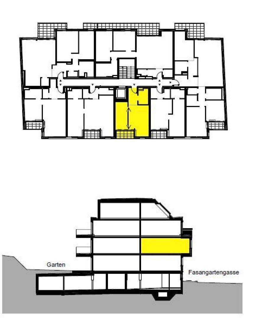 Übersichtsplan des Gebäudes mit Grundriss einer Etage und Gebäudeschnittansicht.