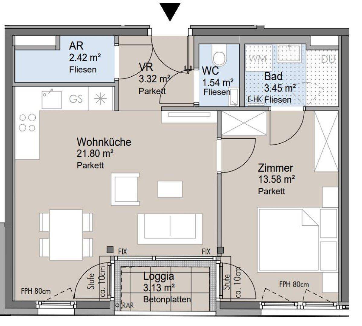 Grundriss einer Wohnung mit Wohnküche, Schlafzimmer, Bad, WC und Loggia.