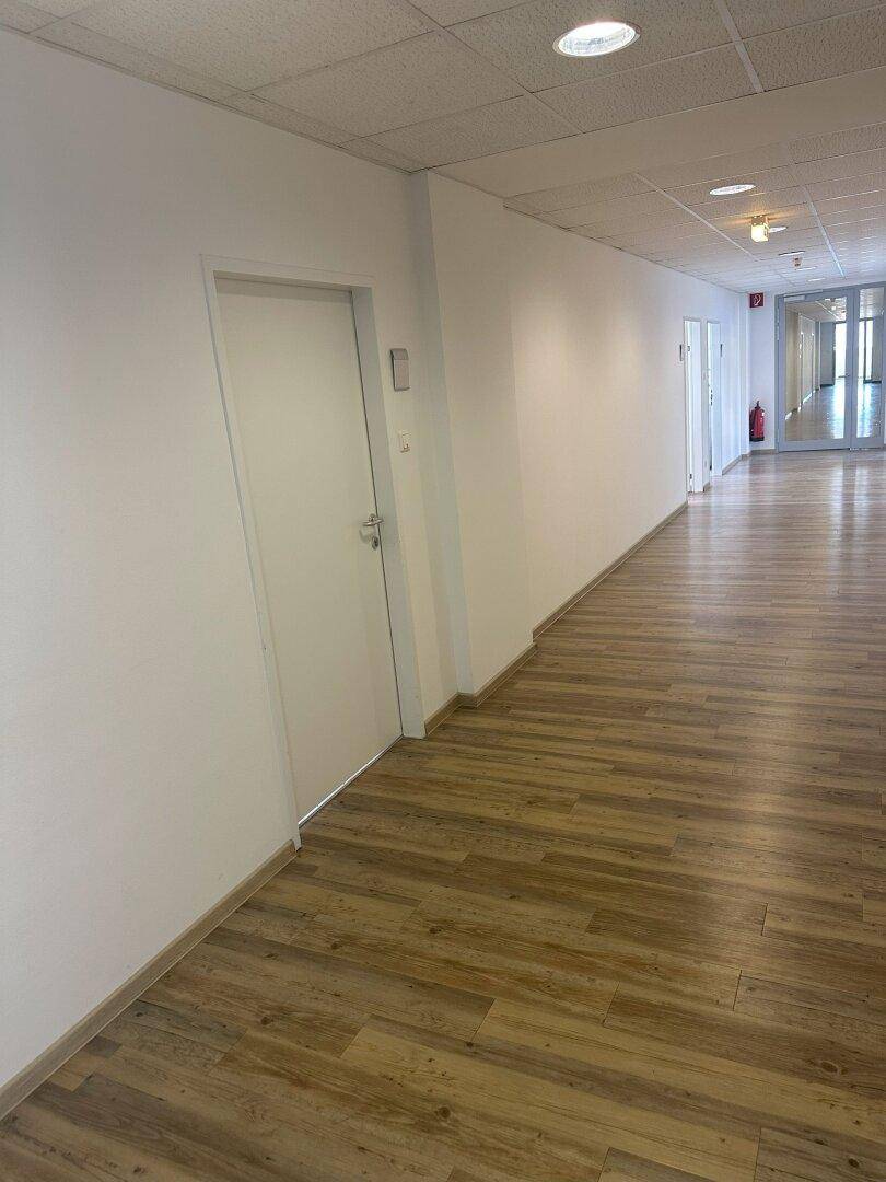 Langer, heller Flur mit Laminatboden und weißen Wänden, der zu weiteren Räumen führt.